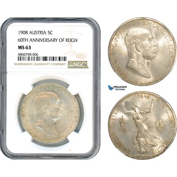 AI745, Austria, Franz Joseph, 5 Corona 1908, Vienna Mint, Silver 60TH ANNIVERSARY OF REIGN NGC MS63