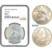 AI752, China "Fat man" Dollar Yr. 3 (1914) Silver, L&M 63, NGC MS63