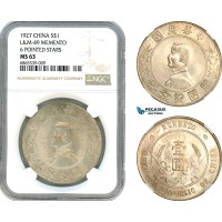 AI755, China, "Memento" Dollar 1927, Silver, L&M-49, 6 Pointed Stars, NGC MS63