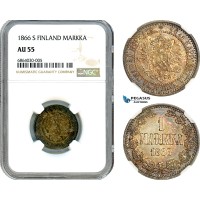 AI759, Finland, Alexander II. of Russia, 1 Markka 1866 S, Helsinki Mint, Silver, NGC AU55