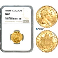 AI760, France, Napoleon III, 20 Francs 1868 BB, Strasbourg Mint, Gold, NGC MS65