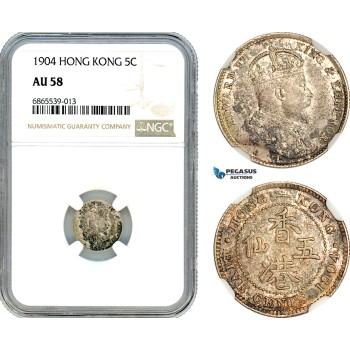 AI767, Hong Kong, Edward VII, 5 Cents 1904, London Mint, Silver, NGC AU58