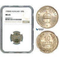 AI768, Hungary, Franz Joseph, 10 Filler 1908 KB, Kremnitz Mint, NGC MS65