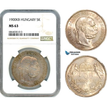 AI770, Hungary, Franz Joseph, 5 Korona 1900 KB, Kremnitz Mint, Silver, NGC MS63