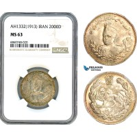 AI773, Iran, Ahmad Shah, 2000 Dinars AH1332 (1913) Tehran Mint, Silver, NGC MS63