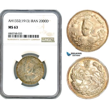 AI773, Iran, Ahmad Shah, 2000 Dinars AH1332 (1913) Tehran Mint, Silver, NGC MS63