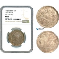 AI777, Mexico, Chihuahua, 50 Centavos 1913, Reeded Edge, Silver, NGC MS62