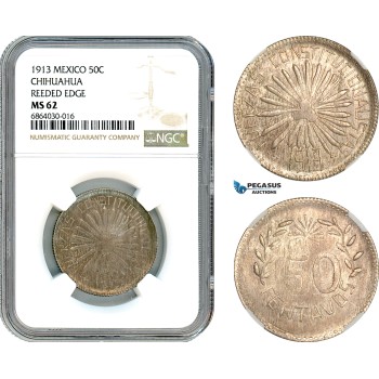 AI777, Mexico, Chihuahua, 50 Centavos 1913, Reeded Edge, Silver, NGC MS62