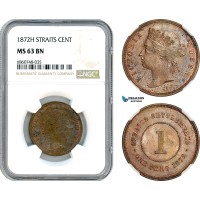 AI791, Straits Settlements, Victoria, 1 Cent 1872 H, Heaton Mint, NGC MS63BN