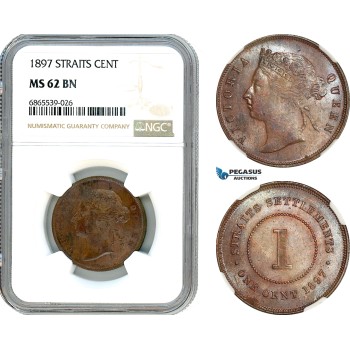 AI792, Straits Settlements, Victoria, 1 Cent 1897, London  Mint, NGC MS62BN