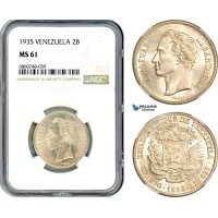 AI797, Venezuela, 2 Bolivares 1935, Philadelphia Mint, Silver, NGC MS61