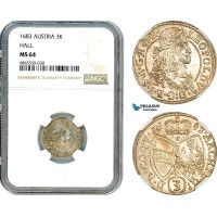 AI798, Austria, Leopold I, 3 Kreuzer 1683, Hall Mint, Silver, NGC MS64
