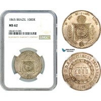 AI803, Brazil, Pedro II, 1000 Reis 1865, Silver, NGC MS62