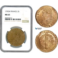 AI808, France, Louis XVI, 2 Sols 1792 W, Lille Mint, NGC MS63