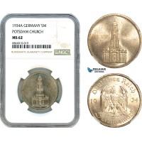 AI817, Germany, Third Reich, 5 Reichsmark 1934 A, Berlin Mint, Potsdam Church, Silver, NGC MS62
