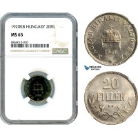 AI818, Hungary, 20 Filler 1920 KB, Kremnitz Mint, NGC MS65, Top Pop!