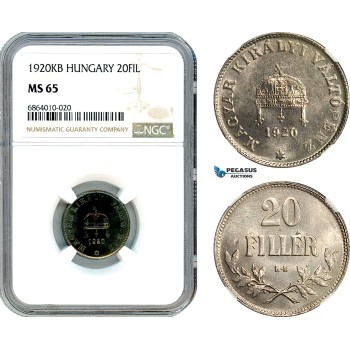 AI818, Hungary, 20 Filler 1920 KB, Kremnitz Mint, NGC MS65, Top Pop!