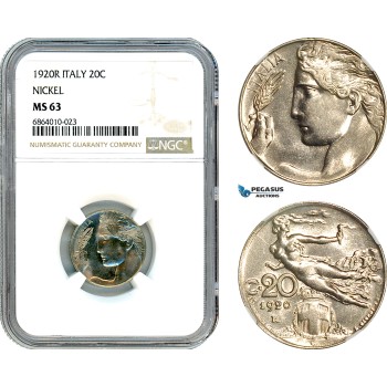 AI821, Italy, Vit. Emanuele III, 20 Centesimi 1920 R, Rome Mint, Nickel, NGC MS63