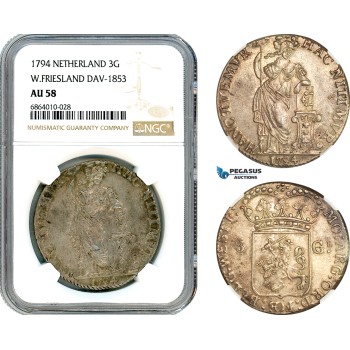 AI824, Netherlands, West Friesland, 3 Gulden 1794, Dav-1853, Silver, NGC AU58
