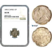 AI837, South Africa (ZAR) 3 Pence 1896, Silver, NGC AU58