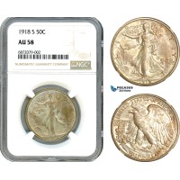 AI844, United States, Walking Liberty Half Dollar (50C) 1918 S, San Francisco Mint, Silver, NGC AU58