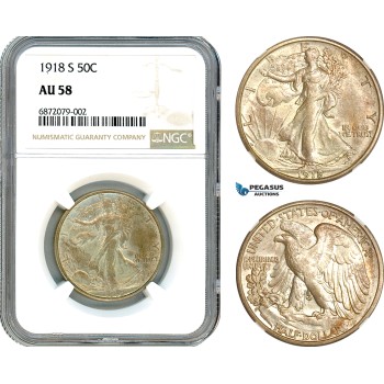 AI844, United States, Walking Liberty Half Dollar (50C) 1918 S, San Francisco Mint, Silver, NGC AU58
