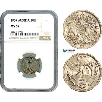 AI845, Austria, Franz Joseph, 20 Heller 1892, Vienna Mint, NGC MS67, Pop 1/0