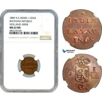 AI874, Netherlands East Indies, Batavian Rep. 1/2 Duit 1809, Holland Arms, NGC MS63BN