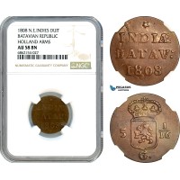 AI875, Netherlands East Indies, Batavian Rep. 1 Duit 1808, Holland Arms, NGC AU58BN
