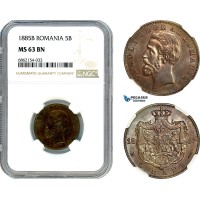 AI879, Romania, Carol I, 5 Bani 1885 B, Bucharest Mint, NGC MS63BN