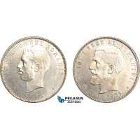 AI913, Romania, Carol I, 5 Lei 1906 (40th Anniversary) Brussels Mint, Silver, Cleaned AU