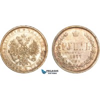 AI918, Russia, Alexander II, 1 Rouble 1877 СПБ НІ, St. Petersburg Mint, Silver, VF-XF