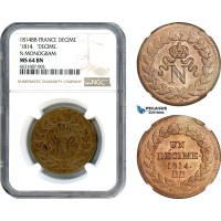 AI932, France, Napoleon, Un Decime (10 Centimes) 1814 BB, Strasbourg Mint, N Monogram, NGC MS64BN