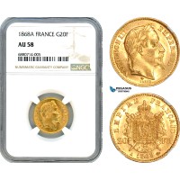 AI960, France, Napoleon III, 20 Francs 1868 A, Paris Mint, Gold, NGC AU58