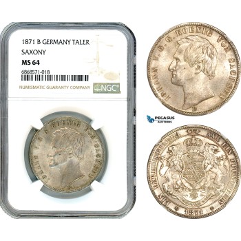 AI967, Germany, Saxony, Johann I, Taler 1871 B, Dresden Mint, Silver, NGC MS64