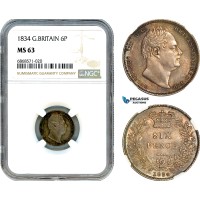 AI969, Great Britain, William IV, 6 Pence 1834, Silver, NGC MS63