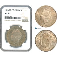 AI984, Spain, Alfonso XIII, 5 Pesetas 1893 (93) PGL, Madrid Mint, Silver, NGC MS61