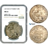AI988, Turkey, Ottoman Empire, Mehmed Reshad V, 20 Kurush AH1327//9, Konstantiniye Mint, Silver, NGC MS61