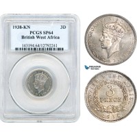 AI994, British West Africa, George VI, 3 Pence 1938 KN, King Norton Mint, Cooper-Nickel, KM# 21, PCGS SP64