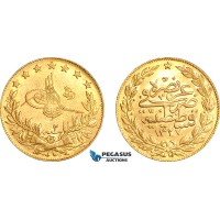 AJ001, Turkey (Ottoman Empire) Mehmed V, 100 Kurush AH1327 /2, Kostantiniye Mint, Gold (7.20g) AU-UNC