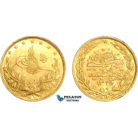AJ002, Turkey (Ottoman Empire) Mehmed V, 100 Kurush AH1327 /4, Kostantiniye Mint, Gold (7.20g) AU-UNC