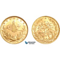 AJ003, Turkey (Ottoman Empire) Mehmed V, 100 Kurush AH1327 /7, Kostantiniye Mint, Gold (7.20g) AU-UNC (Some marks)
