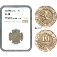 AJ006, Belgium, Leopold I, 10 Centimes 1863, Brussels Mint, NGC MS64