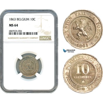 AJ006, Belgium, Leopold I, 10 Centimes 1863, Brussels Mint, NGC MS64