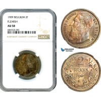 AJ007, Belgium, Leopold II, 2 Francs 1909, Brussels Mint, French Legend, Silver, NGC AU58