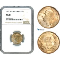 AJ008, Bulgaria, Boris III, 20 Leva 1930 BP, Budapest Mint, Silver, NGC MS61