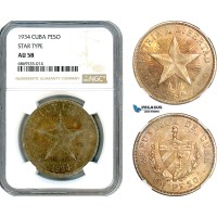 AJ011, Cuba, "Star Type" Peso 1934, Philadelphia Mint, Silver, NGC AU58