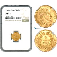 AJ013, France, Napoleon III, 5 Francs 1864 A, Paris Mint, Gold, NGC MS63
