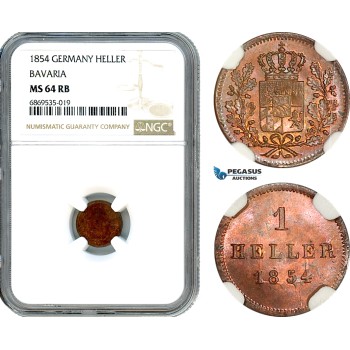 AJ014, Germany, Bavaria, Maximilian II, 1 Heller 1854, Munich Mint, NGC MS64RB