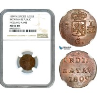 AJ023, Netherlands East Indies, Batavian Rep. 1/2 Duit 1809, Holland Arms, NGC MS63BN